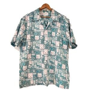 Howie Vintage Hawaiian Shirt Turquoise White Made in Hawaii Patchwork